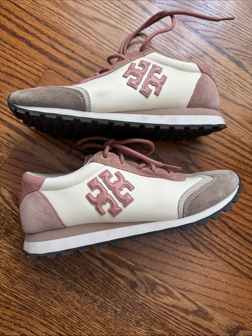 Tory Burch vintage Cream and Dusty Rose Mixed-Material Sneakers